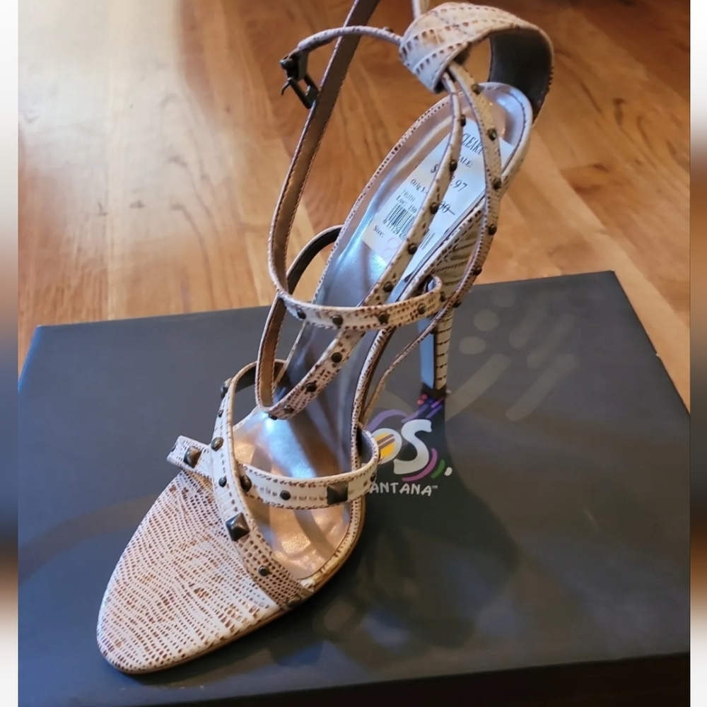 Women tan studded heels